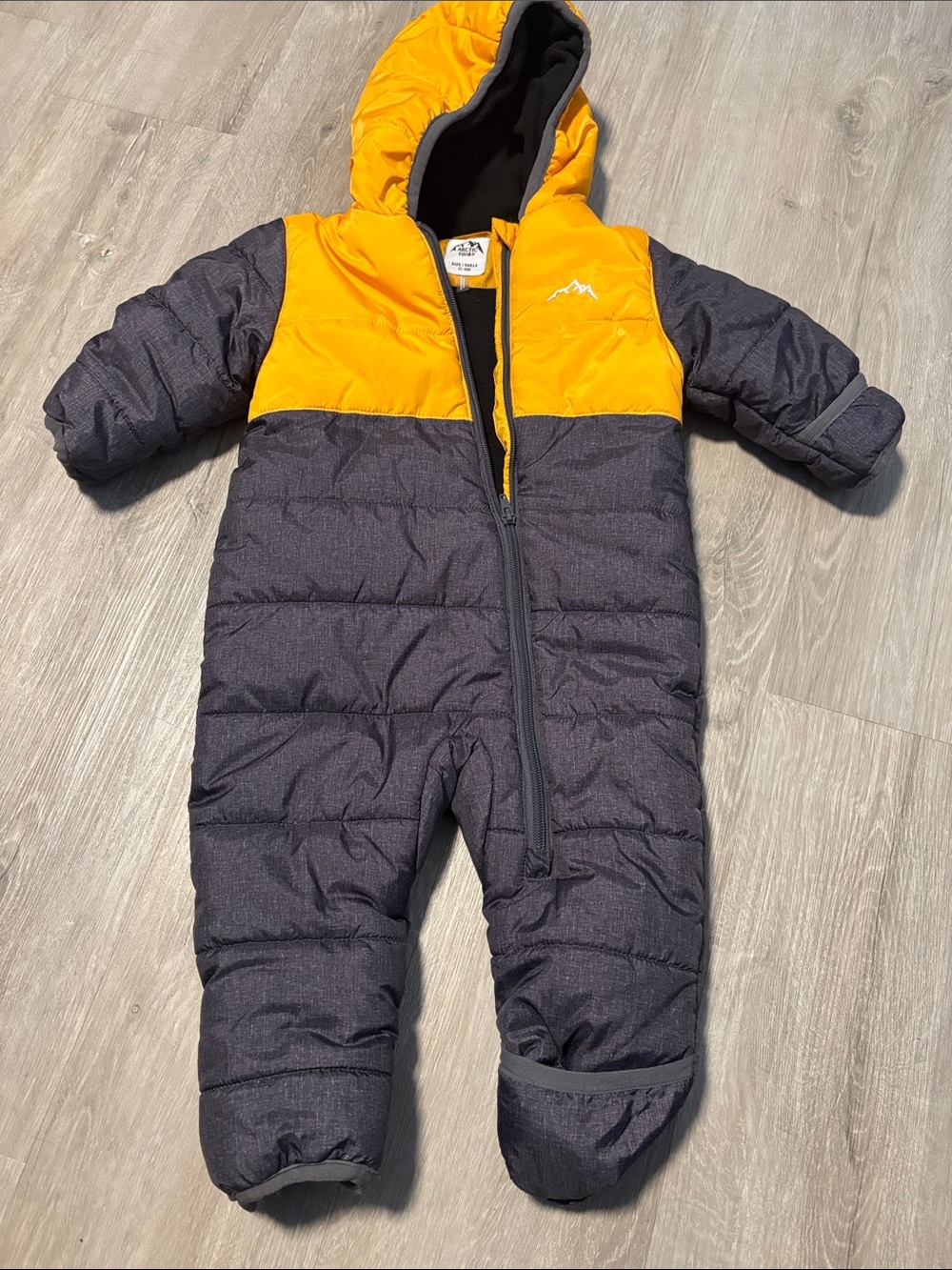 Baby Puffy Hooded Snowsuit in Yellow and Charcoal